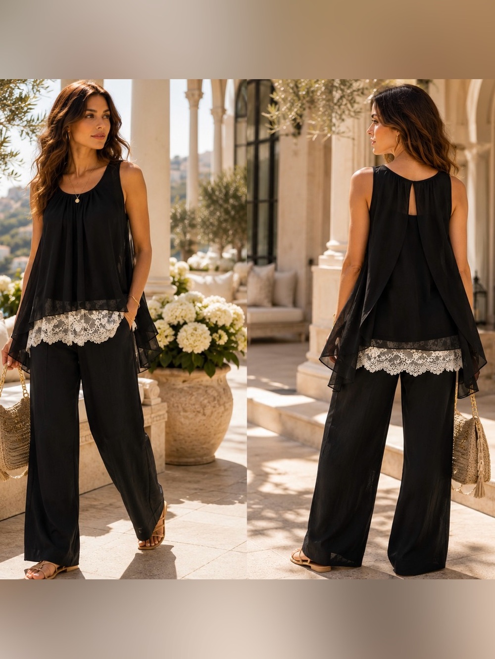 Karen Kane Black Sheer Chiffon Layered Lace Hem Sleeveless Blouse Top Tunic, S